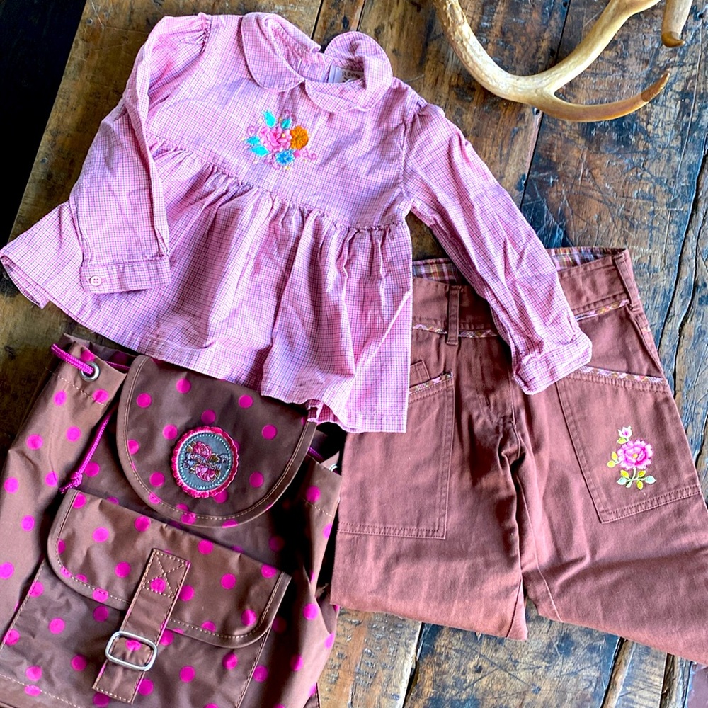 Lot of 3 Room Seven items: backpack, blouse, pants, girls sz. 2T